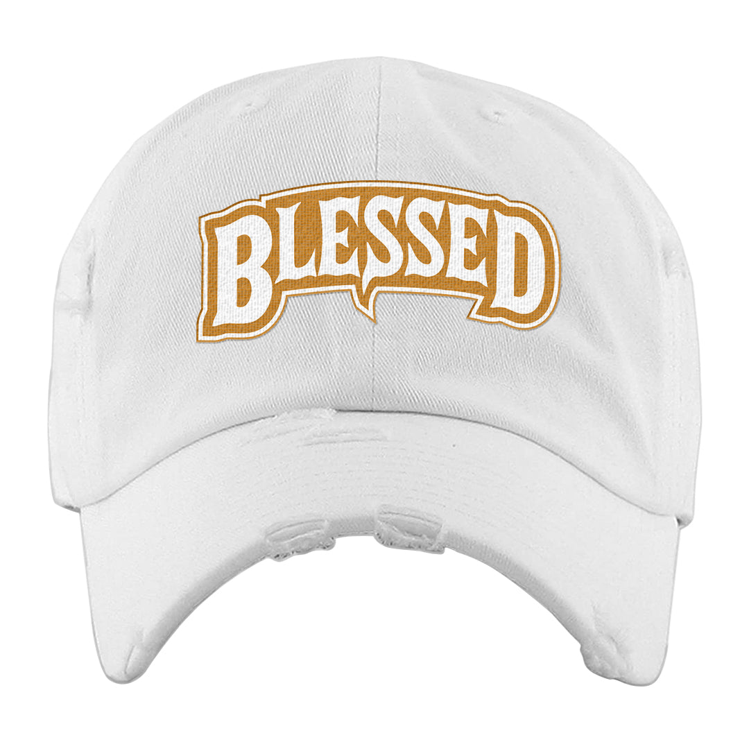 Gold Suede Low Dunks Distressed Dad Hat | Blessed Arch, White