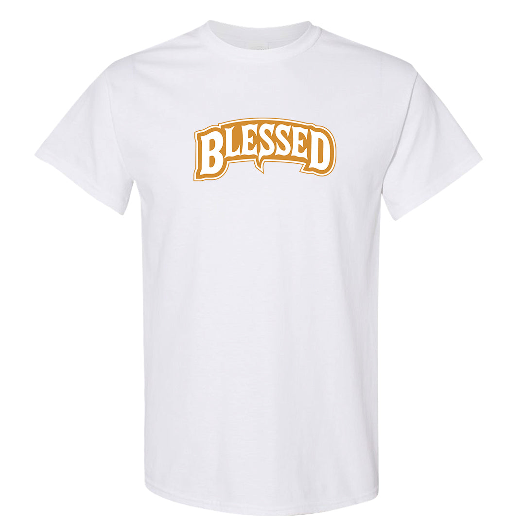 Gold Suede Low Dunks T Shirt | Blessed Arch, White