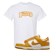Gold Suede Low Dunks T Shirt | Blessed Arch, White