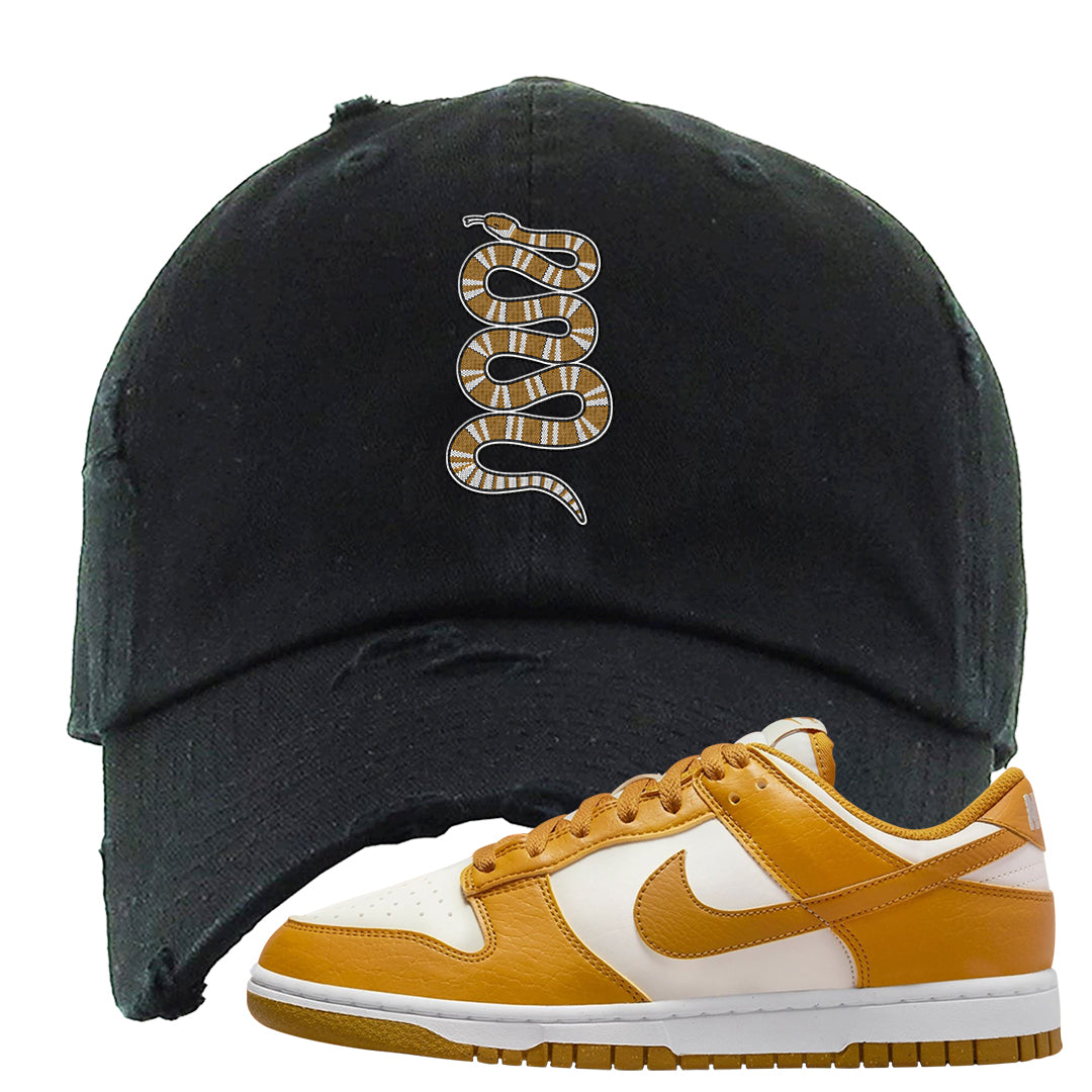 Gold Suede Low Dunks Distressed Dad Hat | Coiled Snake, Black
