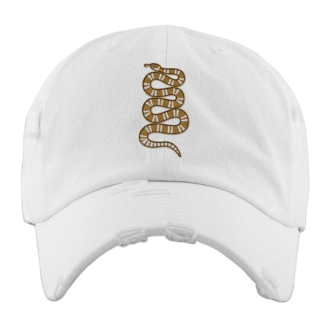 Gold Suede Low Dunks Distressed Dad Hat | Coiled Snake, White
