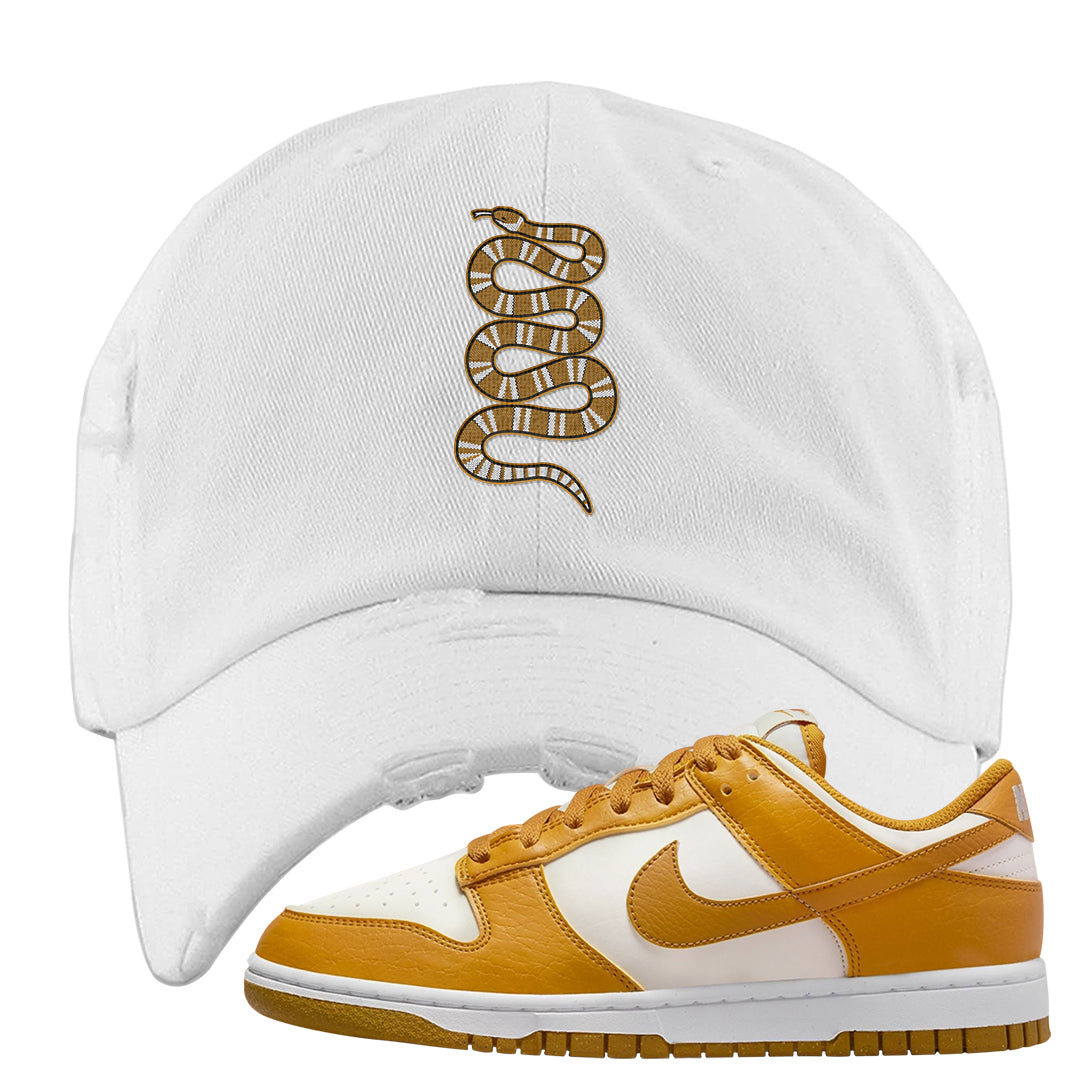 Gold Suede Low Dunks Distressed Dad Hat | Coiled Snake, White