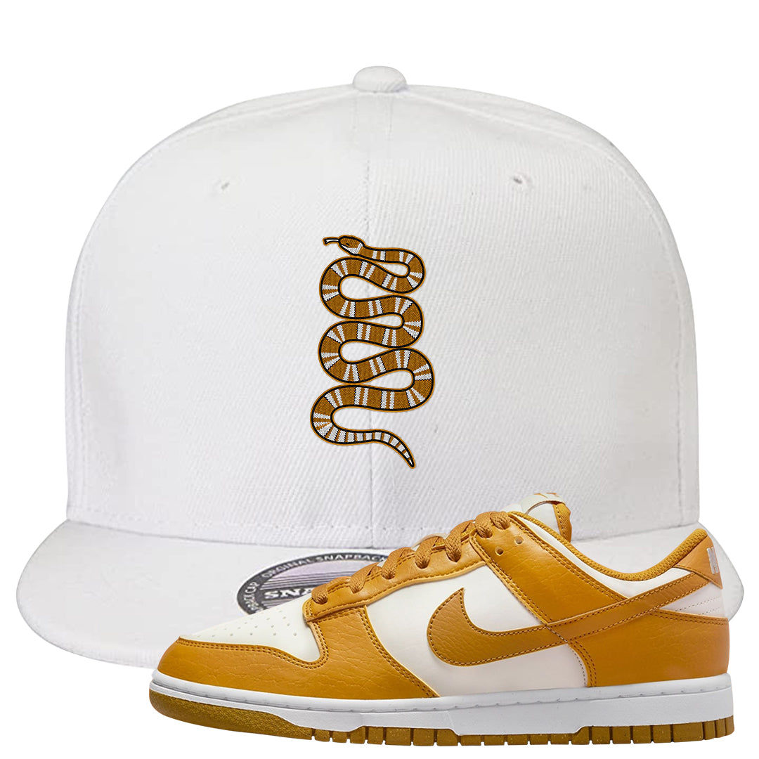 Gold Suede Low Dunks Snapback Hat | Coiled Snake, White