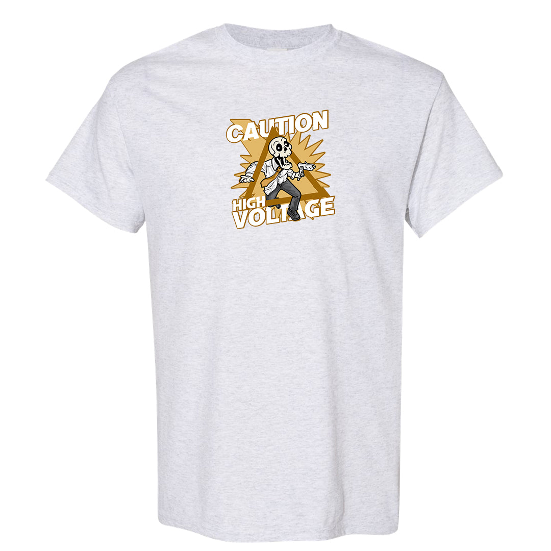 Gold Suede Low Dunks T Shirt | Caution High Voltage, Ash