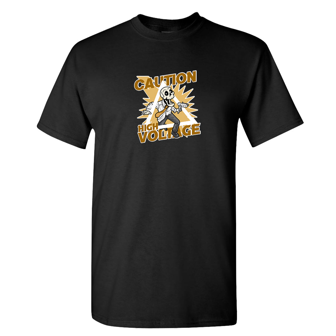 Gold Suede Low Dunks T Shirt | Caution High Voltage, Black