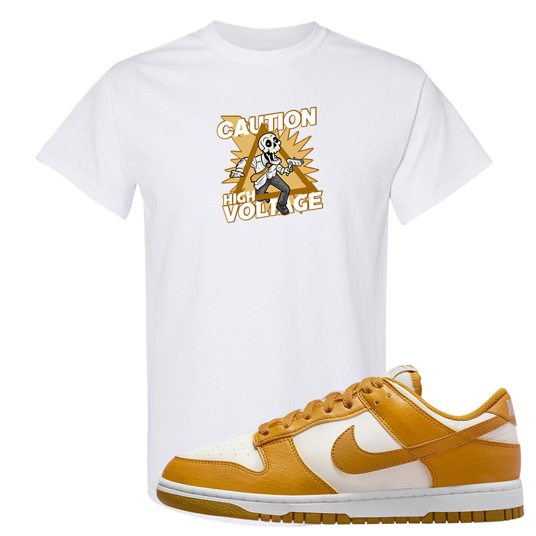 Gold Suede Low Dunks T Shirt | Caution High Voltage, White