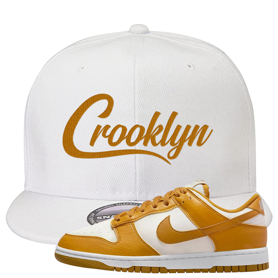 Gold Suede Low Dunks Snapback Hat | Crooklyn, White