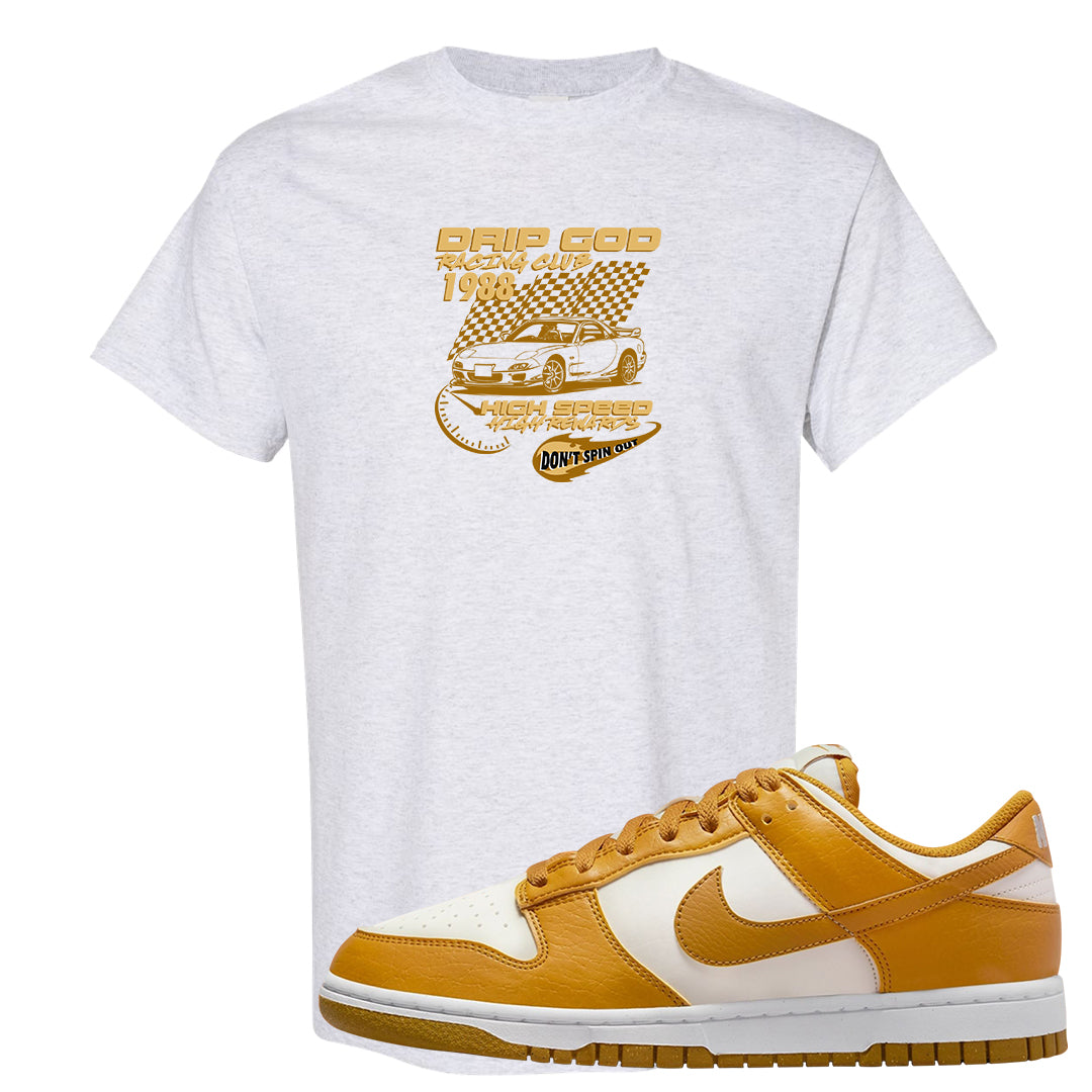 Gold Suede Low Dunks T Shirt | Drip God Racing Club, Ash
