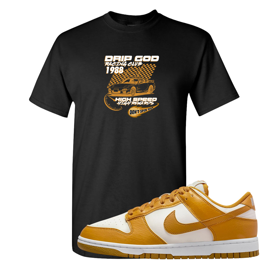 Gold Suede Low Dunks T Shirt | Drip God Racing Club, Black