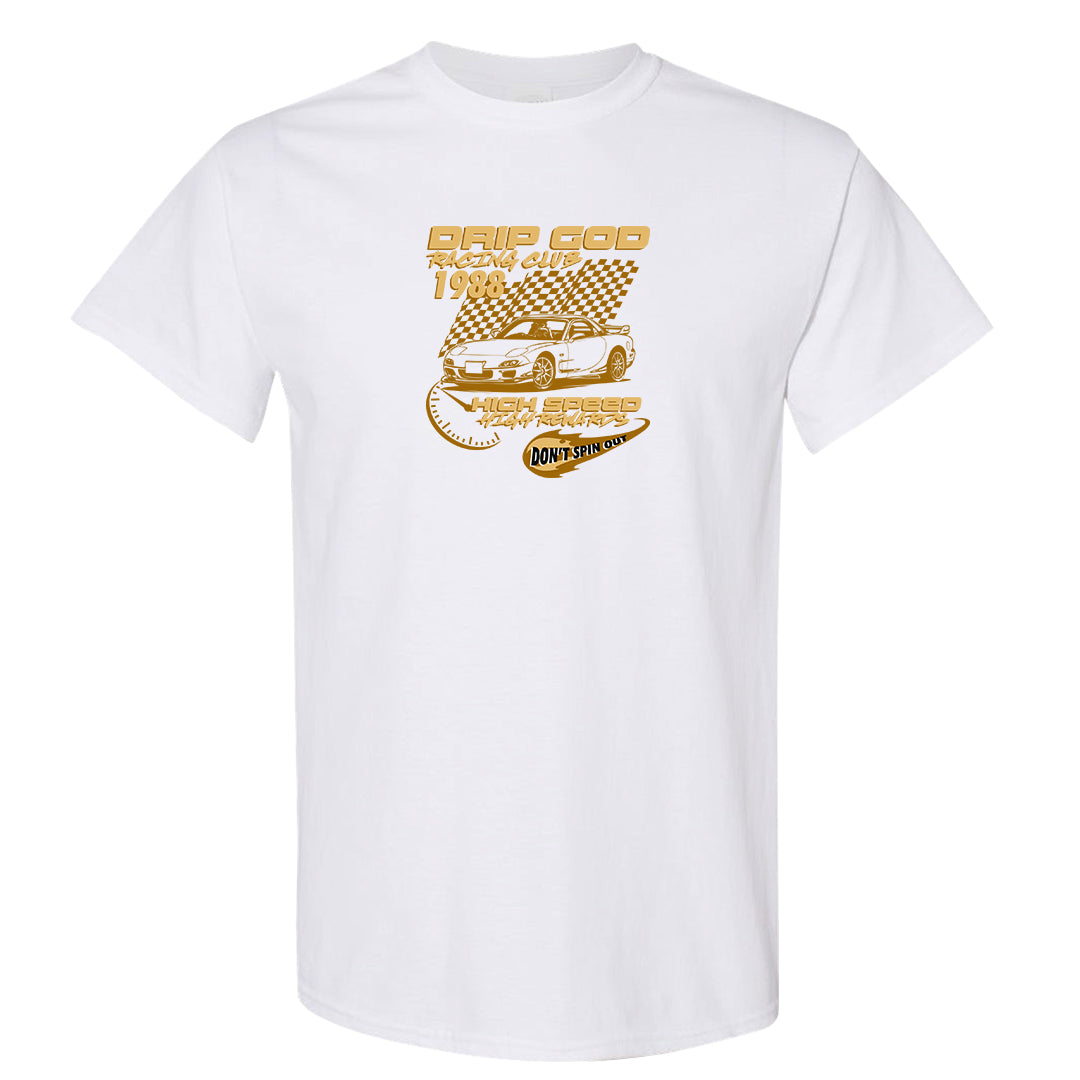 Gold Suede Low Dunks T Shirt | Drip God Racing Club, White