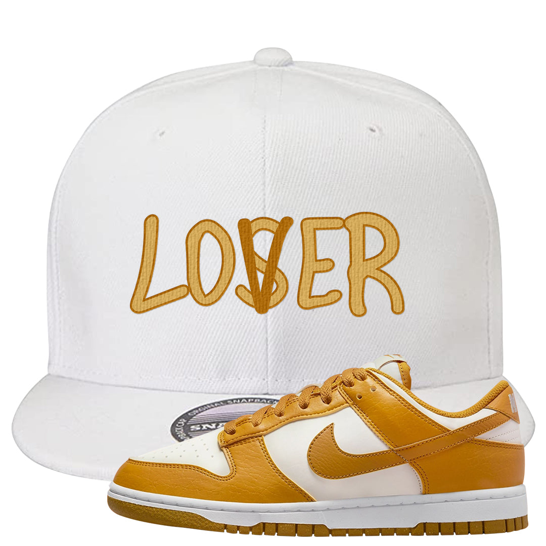Gold Suede Low Dunks Snapback Hat | Lover, White