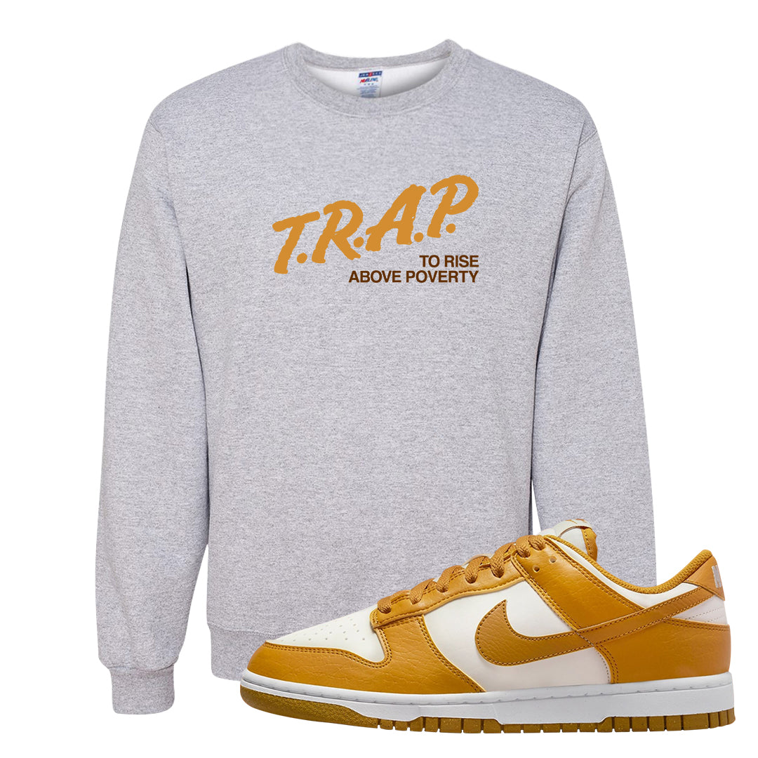 Gold Suede Low Dunks Crewneck Sweatshirt | Trap To Rise Above Poverty, Ash