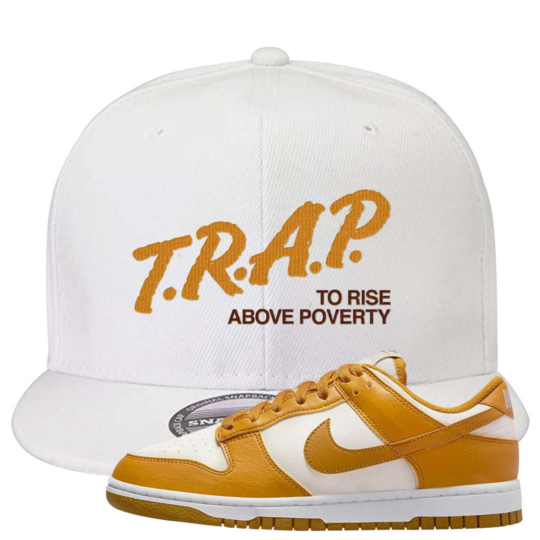 Gold Suede Low Dunks Snapback Hat | Trap To Rise Above Poverty, White
