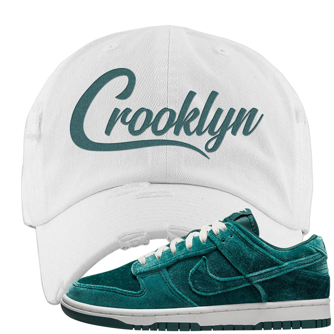 Green Velvet Low Dunks Distressed Dad Hat | Crooklyn, White