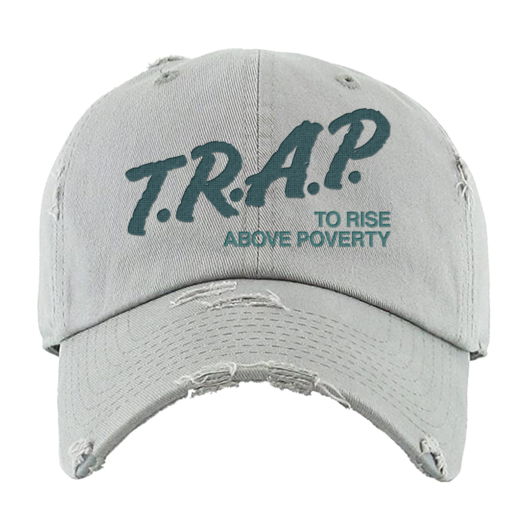 Green Velvet Low Dunks Distressed Dad Hat | Trap To Rise Above Poverty, Light Gray