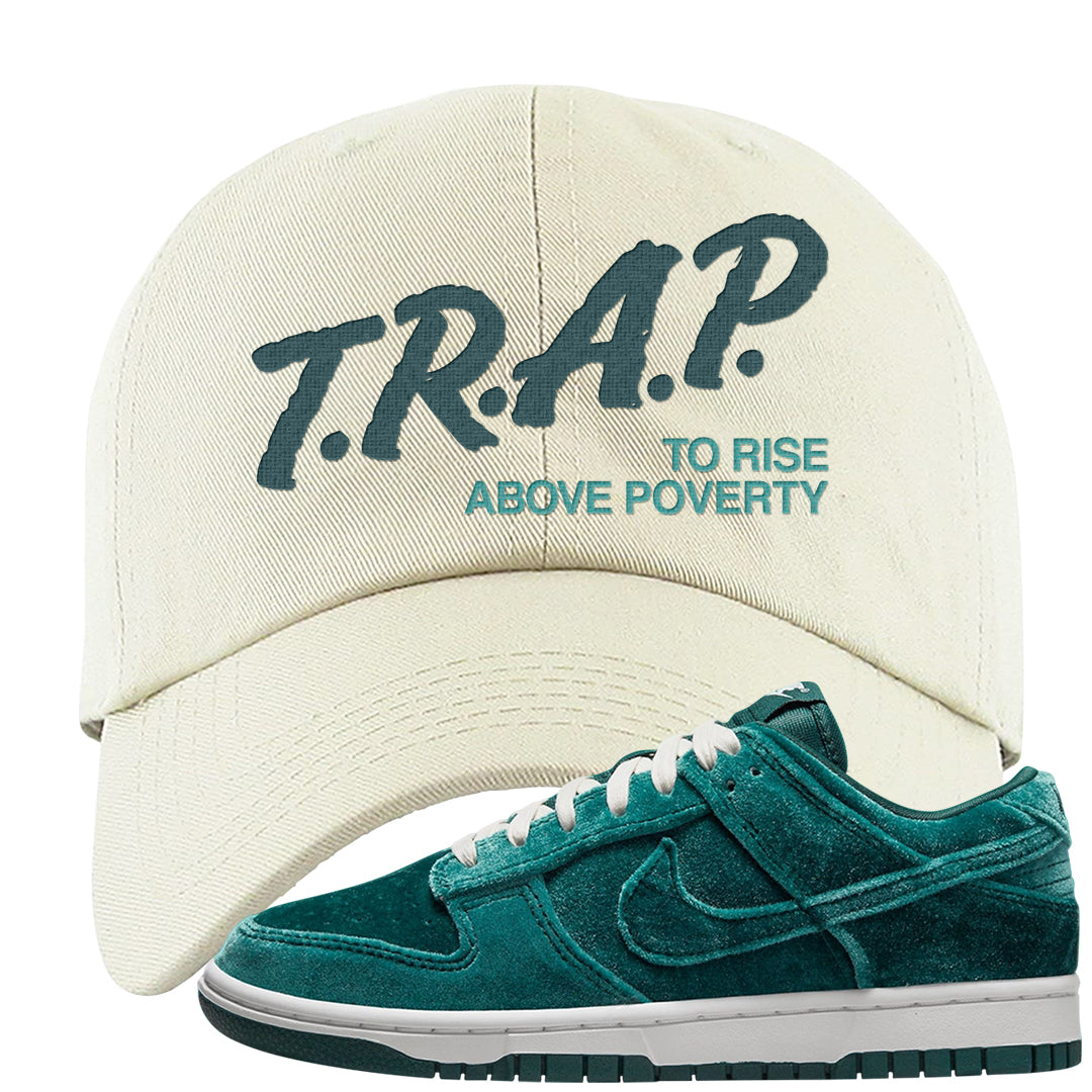Green Velvet Low Dunks Dad Hat | Trap To Rise Above Poverty, White