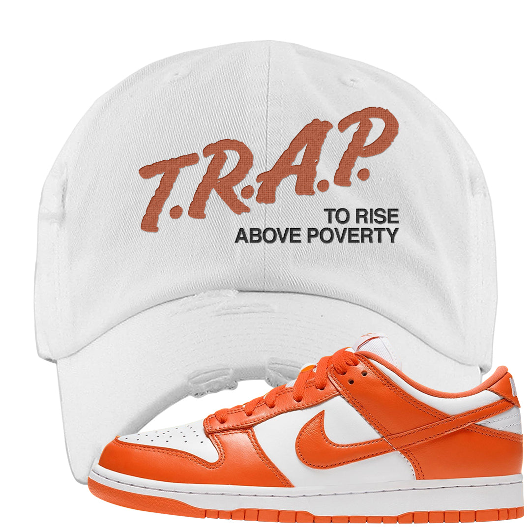 Orange White Low Dunks Distressed Dad Hat | Trap To Rise Above Poverty, White
