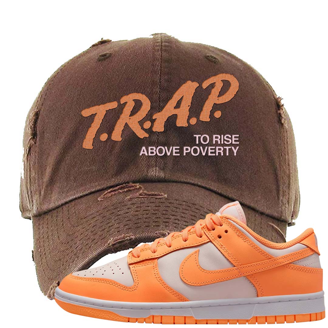 Peach Cream White Low Dunks Distressed Dad Hat | Trap To Rise Above Poverty, Brown