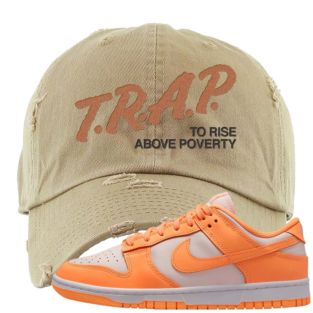 Peach Cream White Low Dunks Distressed Dad Hat | Trap To Rise Above Poverty, Khaki