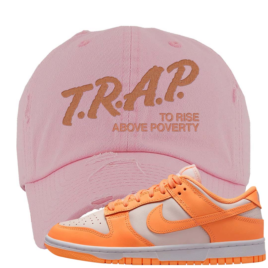 Peach Cream White Low Dunks Distressed Dad Hat | Trap To Rise Above Poverty, Light Pink