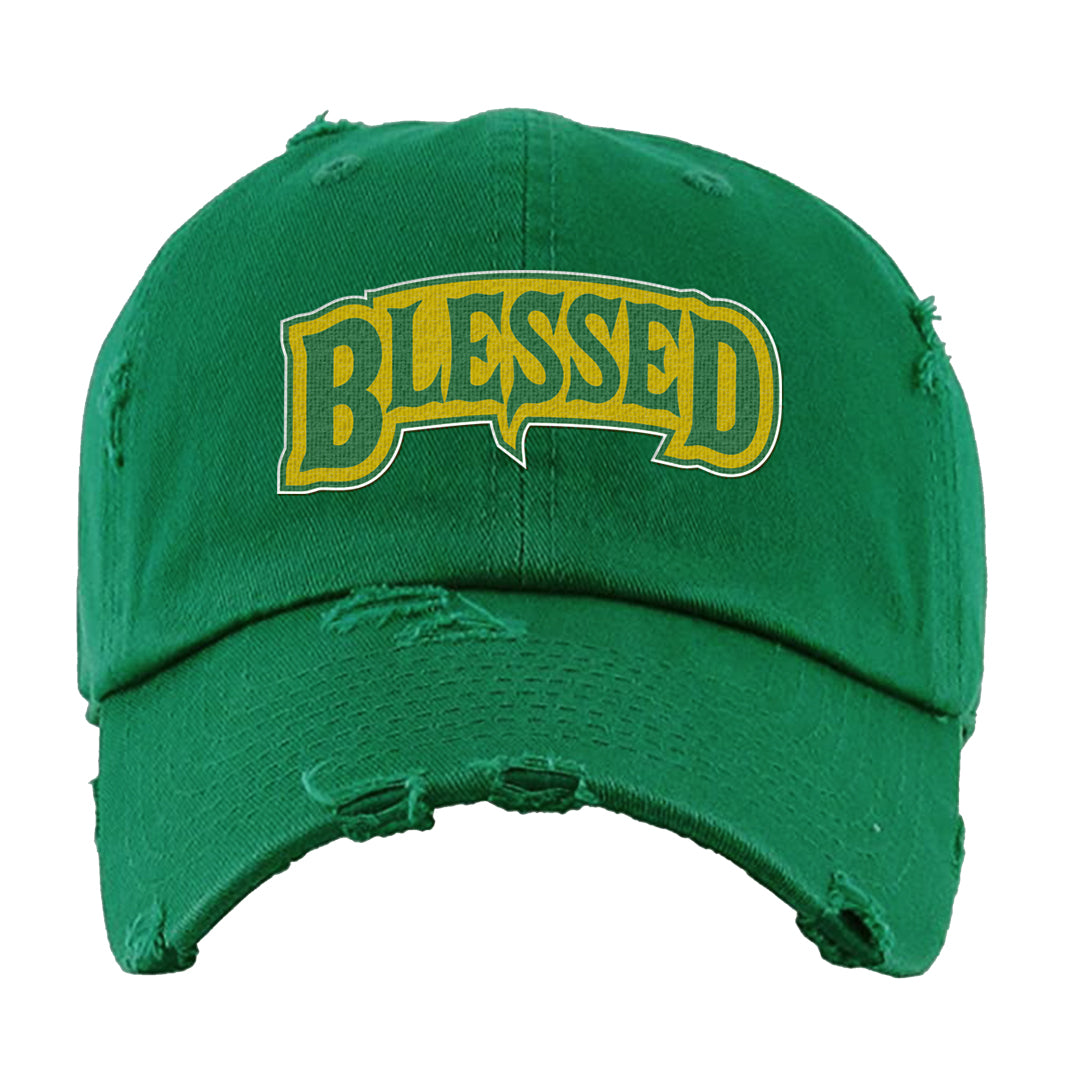 Reverse Brazil Low Dunks Distressed Dad Hat | Blessed Arch, Kelly