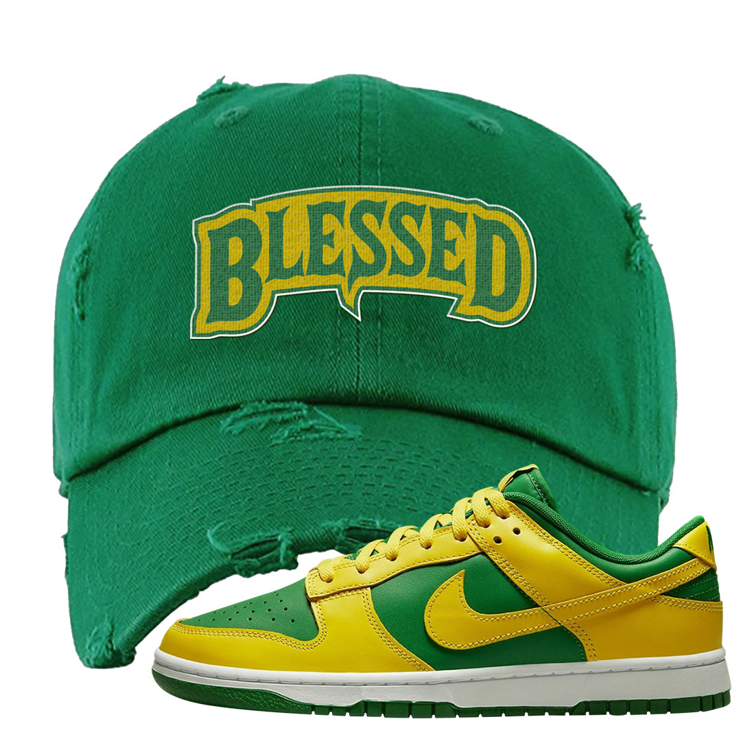 Reverse Brazil Low Dunks Distressed Dad Hat | Blessed Arch, Kelly