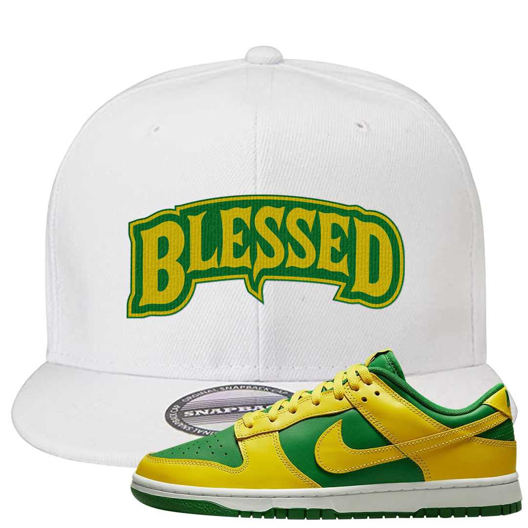 Reverse Brazil Low Dunks Snapback Hat | Blessed Arch, White