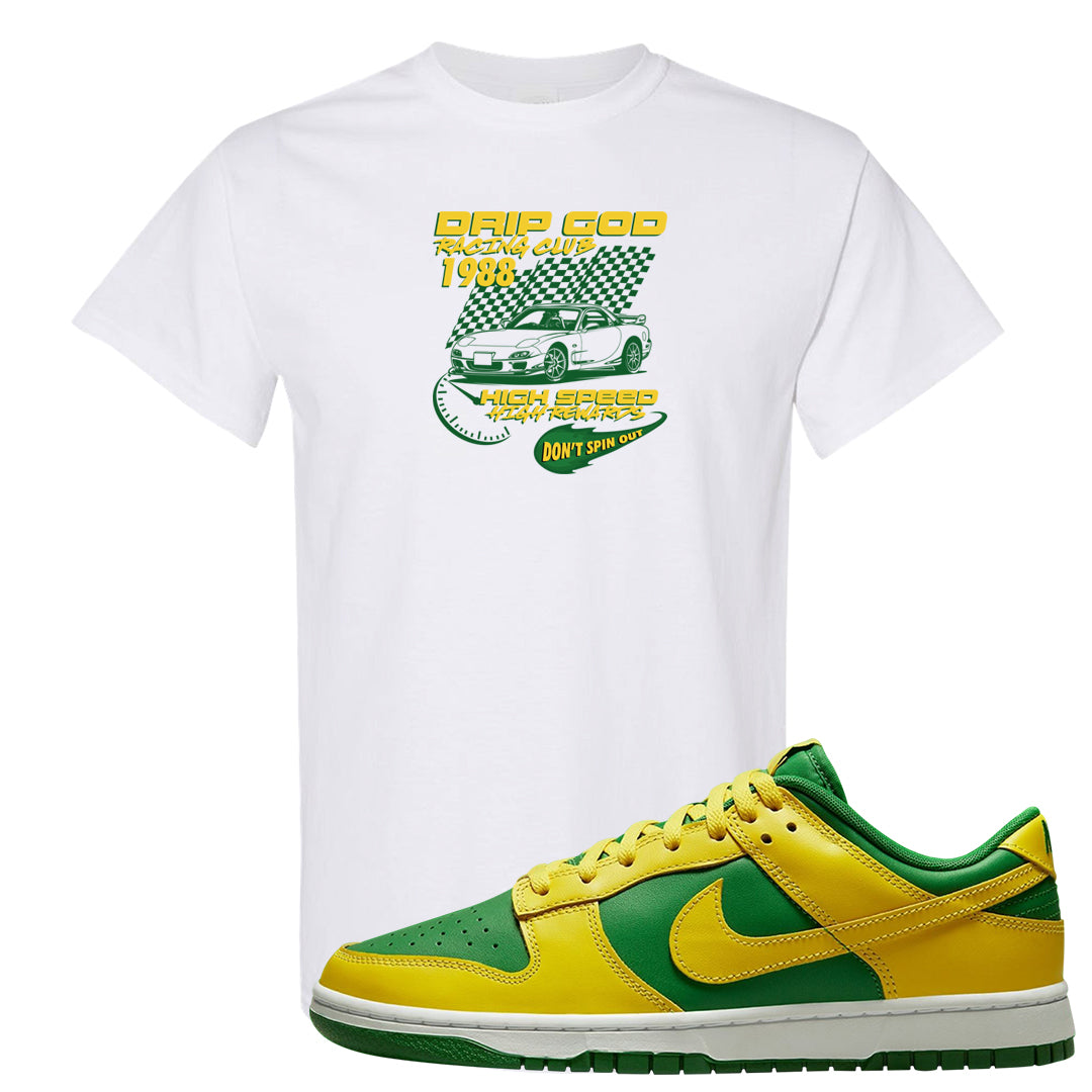 Reverse Brazil Low Dunks T Shirt | Drip God Racing Club, White