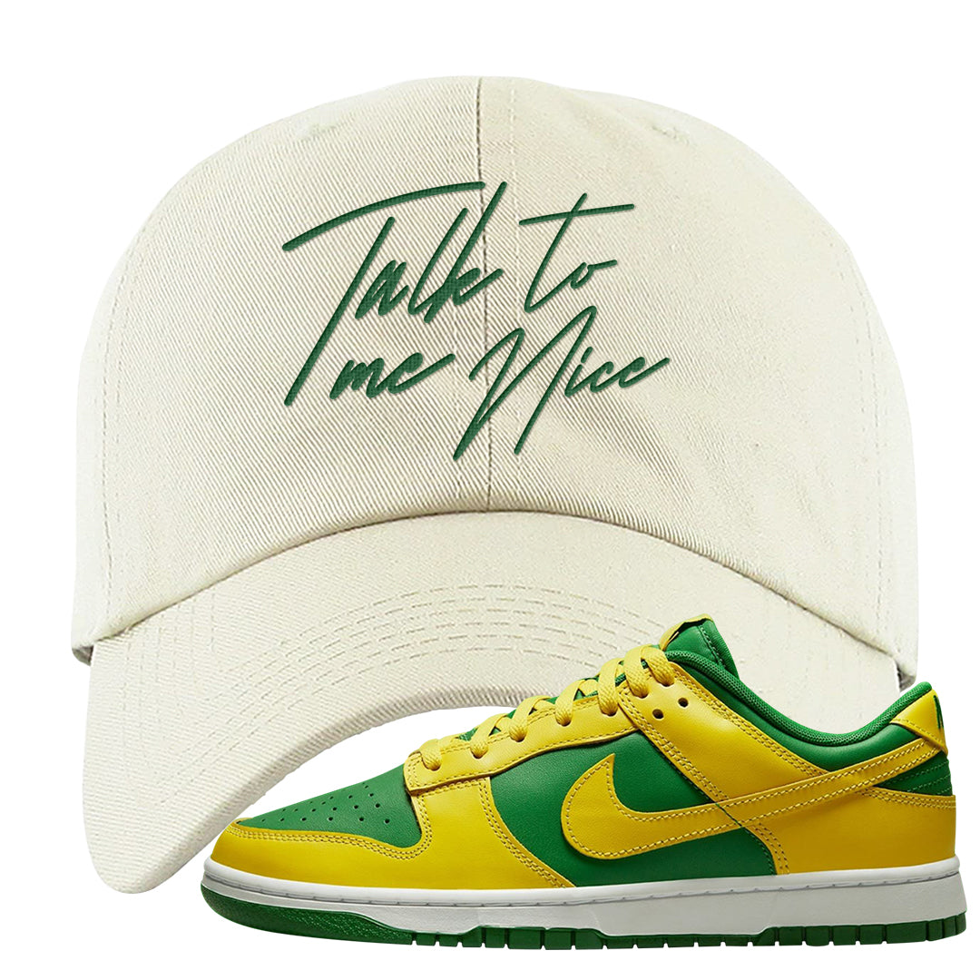 Reverse Brazil Low Dunks Dad Hat | Talk To Me Nice, White