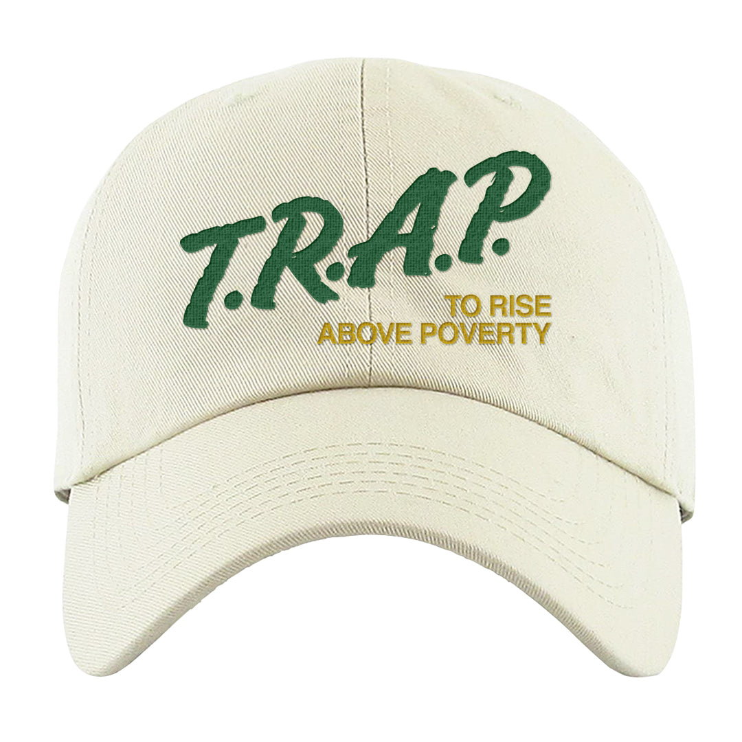 Reverse Brazil Low Dunks Dad Hat | Trap To Rise Above Poverty, White