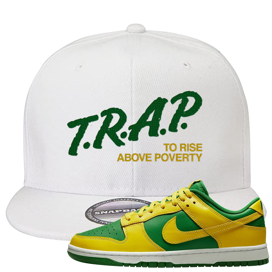 Reverse Brazil Low Dunks Snapback Hat | Trap To Rise Above Poverty, White