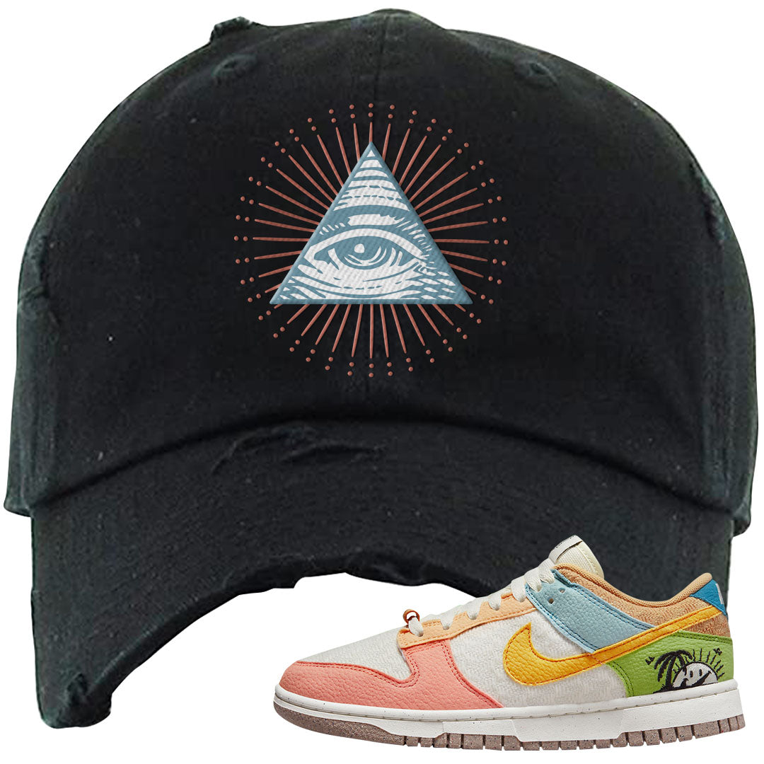 Sail Sanded Gold Low Dunks Distressed Dad Hat | All Seeing Eye, Black