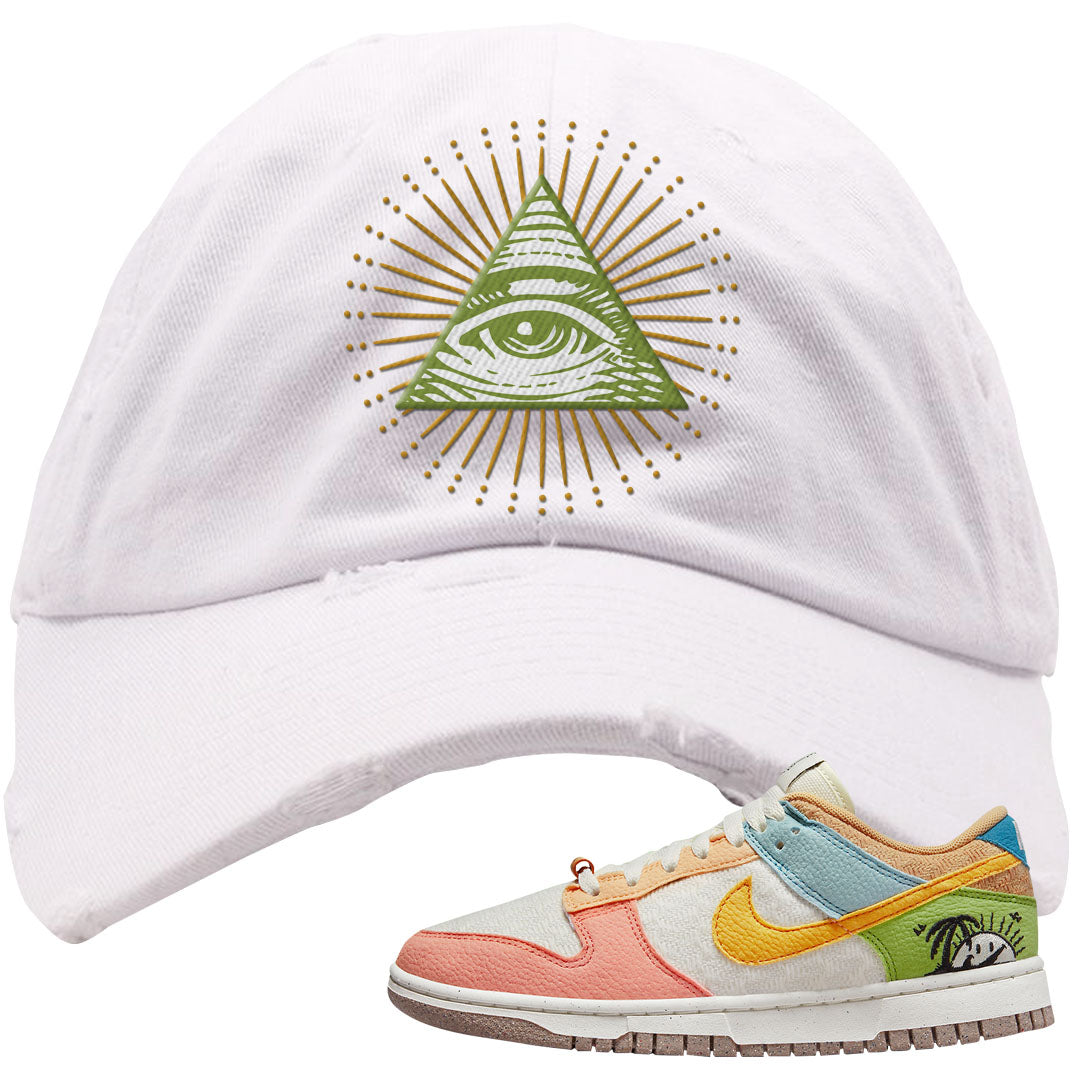 Sail Sanded Gold Low Dunks Distressed Dad Hat | All Seeing Eye, White
