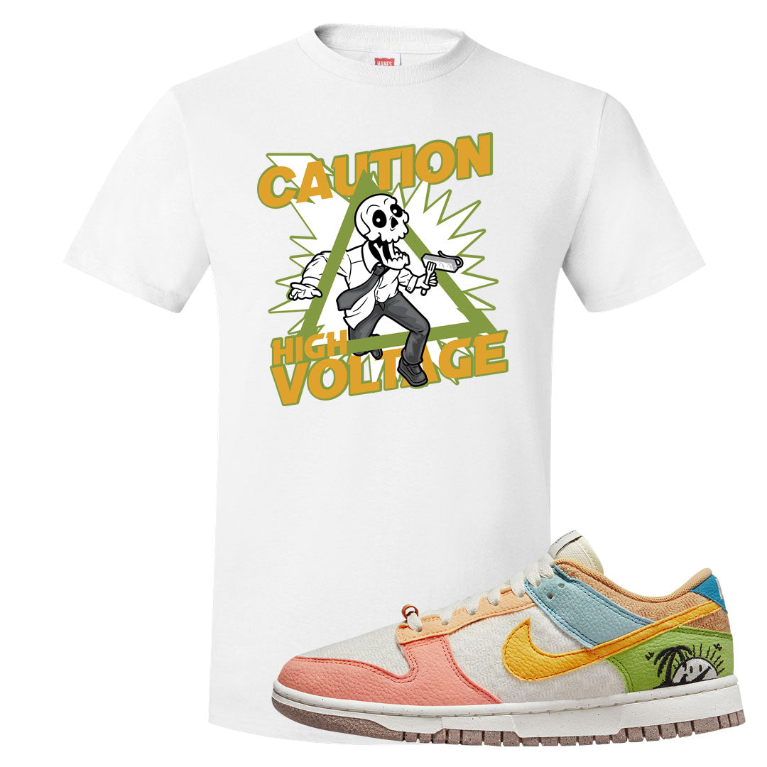Sail Sanded Gold Low Dunks T Shirt | Caution High Voltage, White