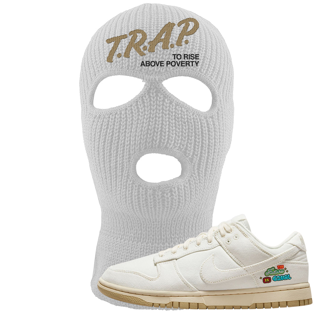 Future Is Equal Low Dunks Ski Mask | Trap To Rise Above Poverty, White