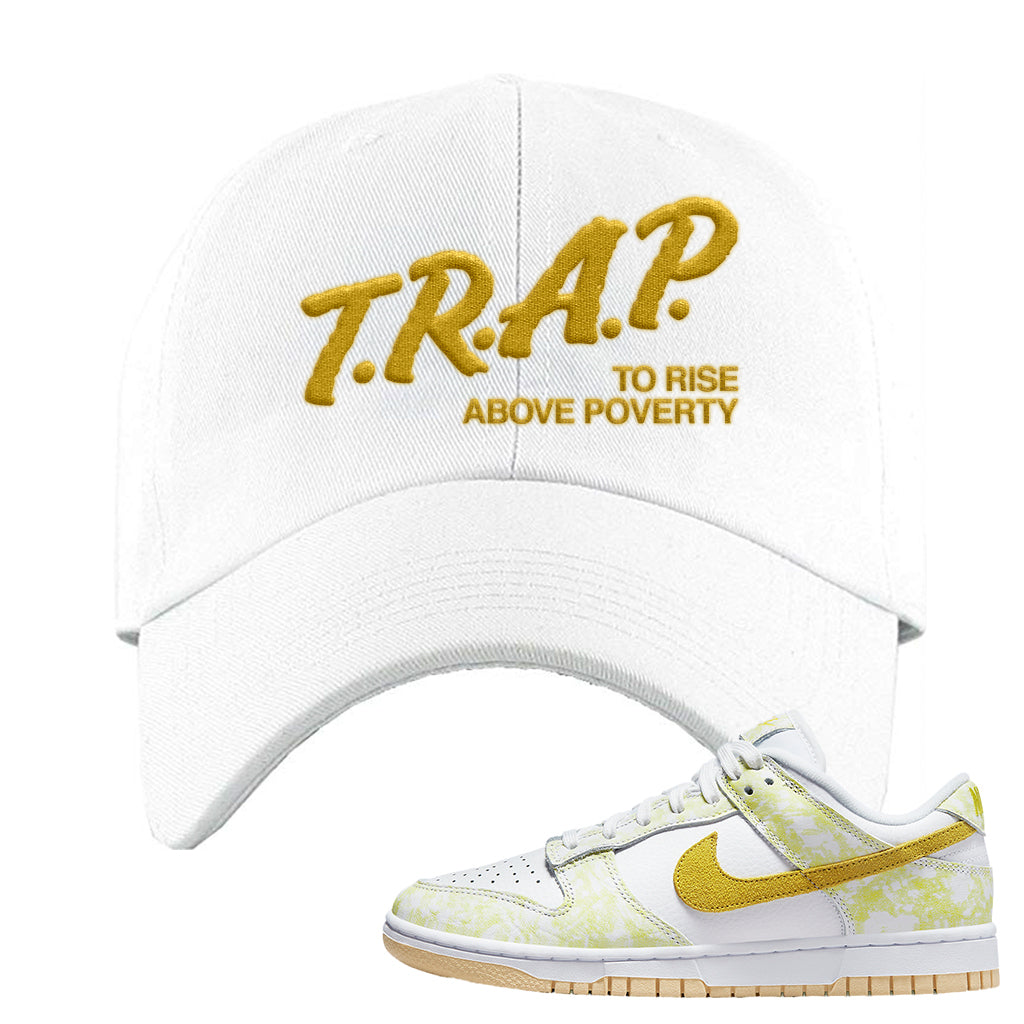 Yellow Strike Low Dunks Dad Hat | Trap To Rise Above Poverty, White