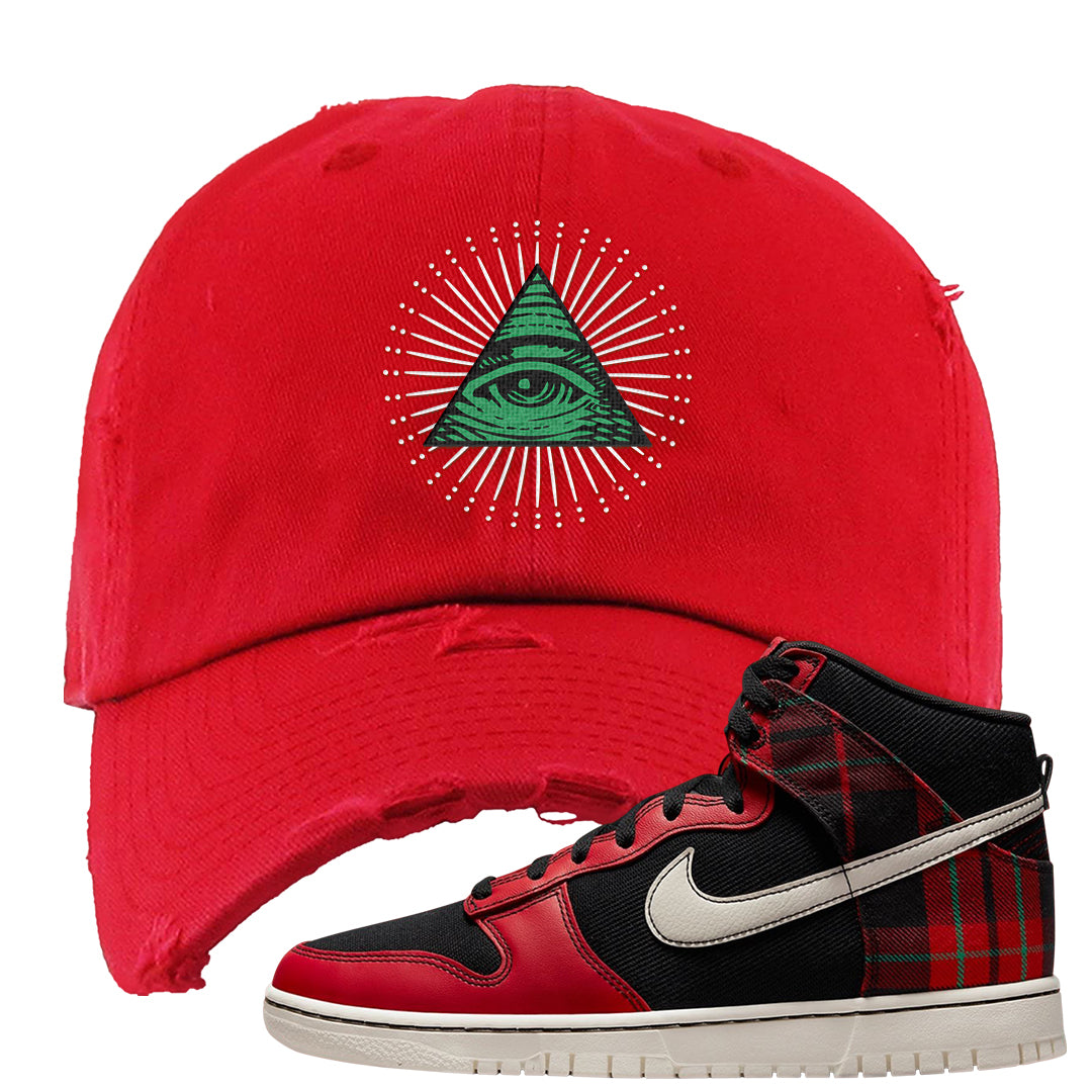 Plaid High Dunks Distressed Dad Hat | All Seeing Eye, Red