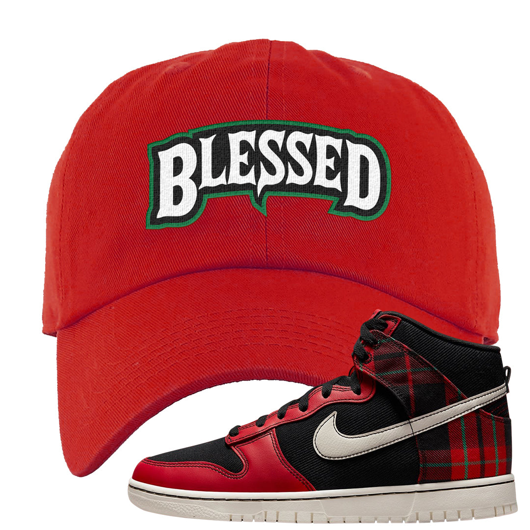 Plaid High Dunks Dad Hat | Blessed Arch, Red