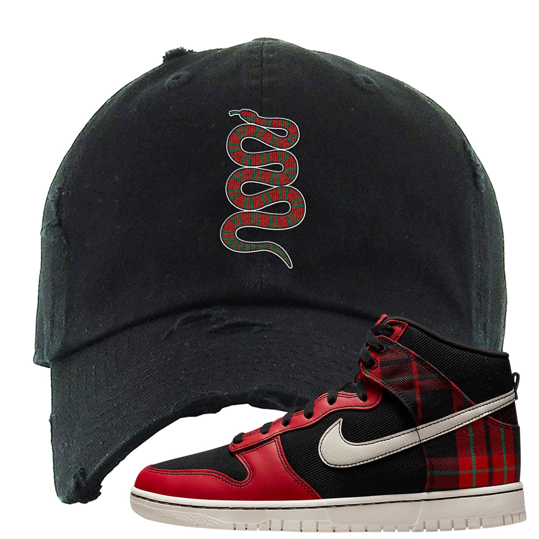 Plaid High Dunks Distressed Dad Hat | Coiled Snake, Black