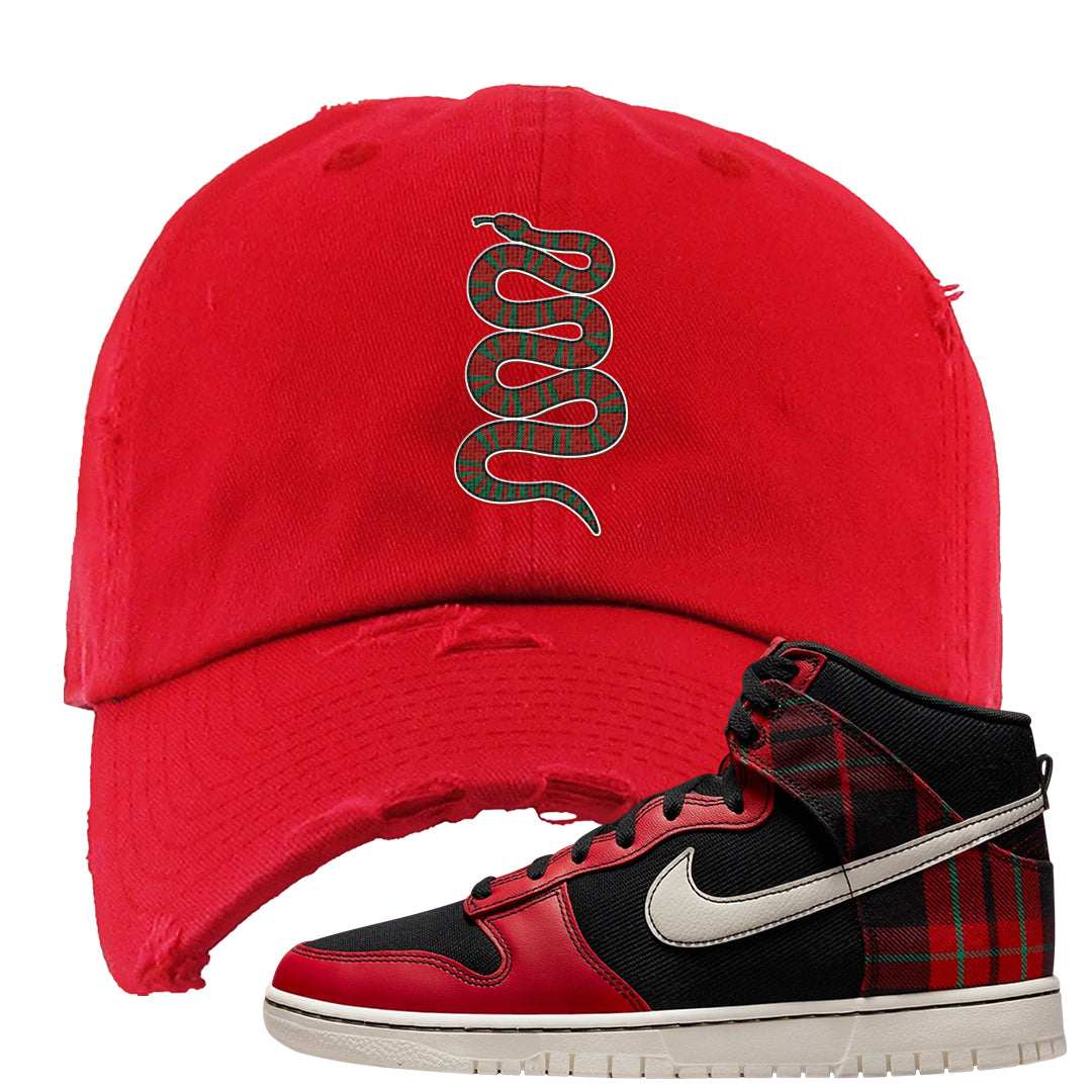 Plaid High Dunks Distressed Dad Hat | Coiled Snake, Red