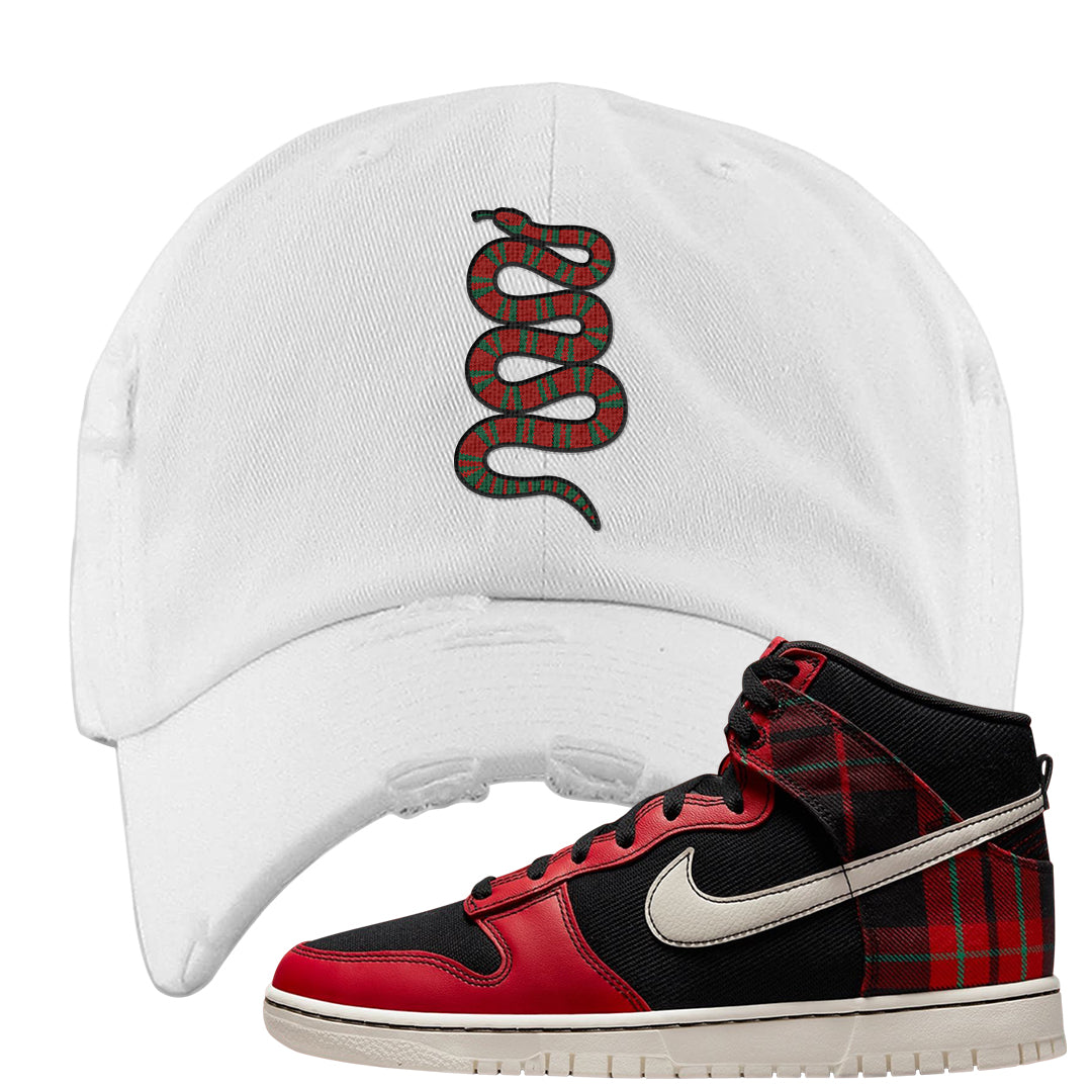 Plaid High Dunks Distressed Dad Hat | Coiled Snake, White