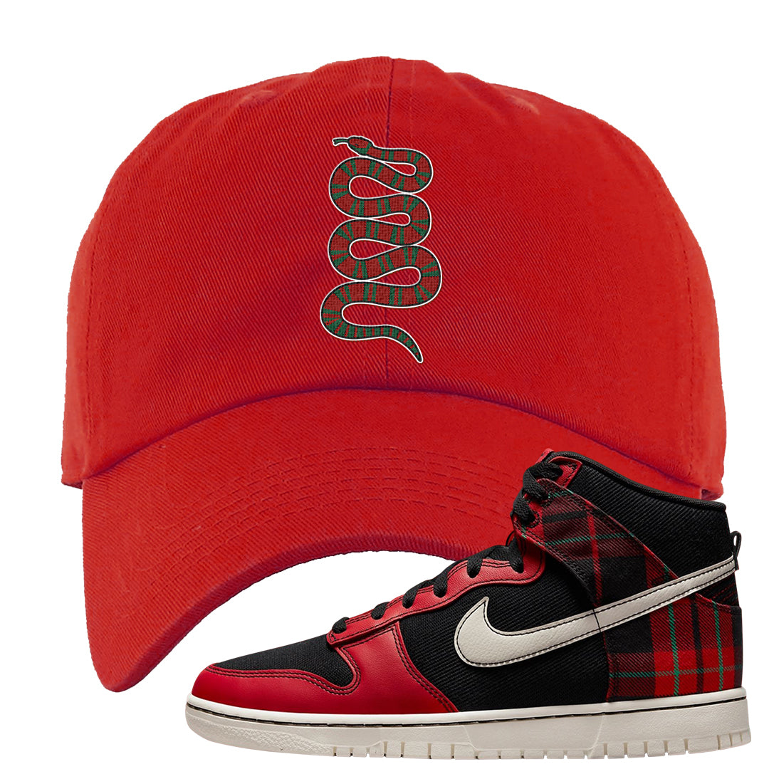 Plaid High Dunks Dad Hat | Coiled Snake, Red