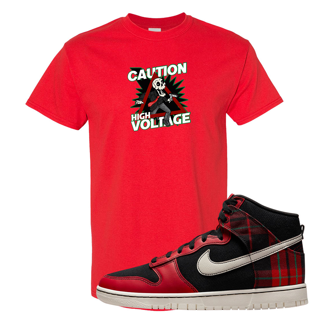 Plaid High Dunks T Shirt | Caution High Voltage, Red