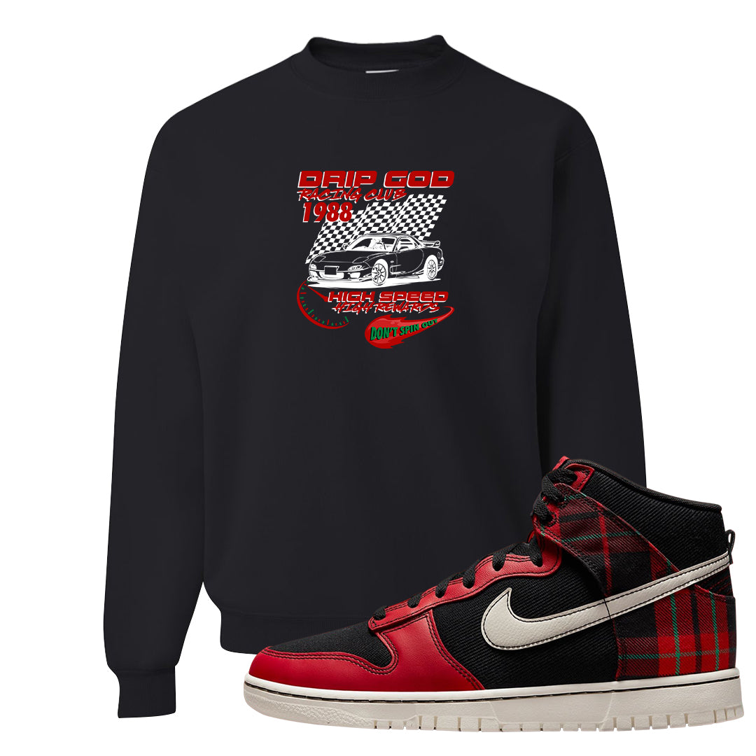 Plaid High Dunks Crewneck Sweatshirt | Drip God Racing Club, Black
