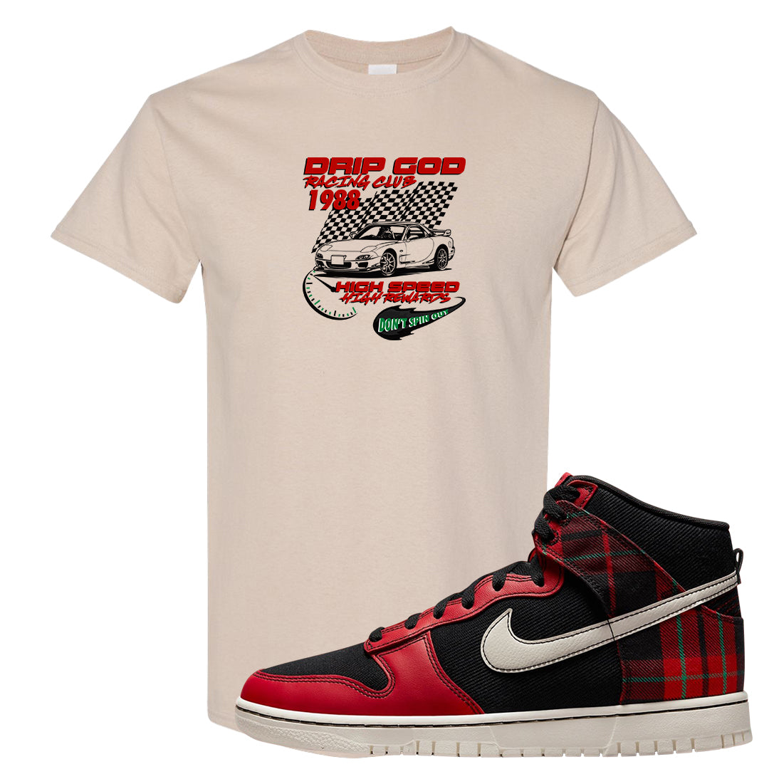 Plaid High Dunks T Shirt | Drip God Racing Club, Sand
