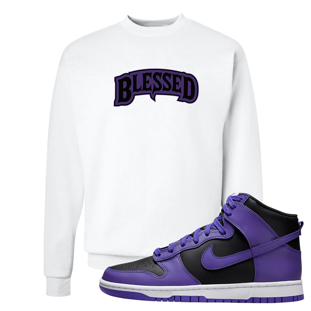 Psychic Purple High Dunks Crewneck Sweatshirt | Blessed Arch, White