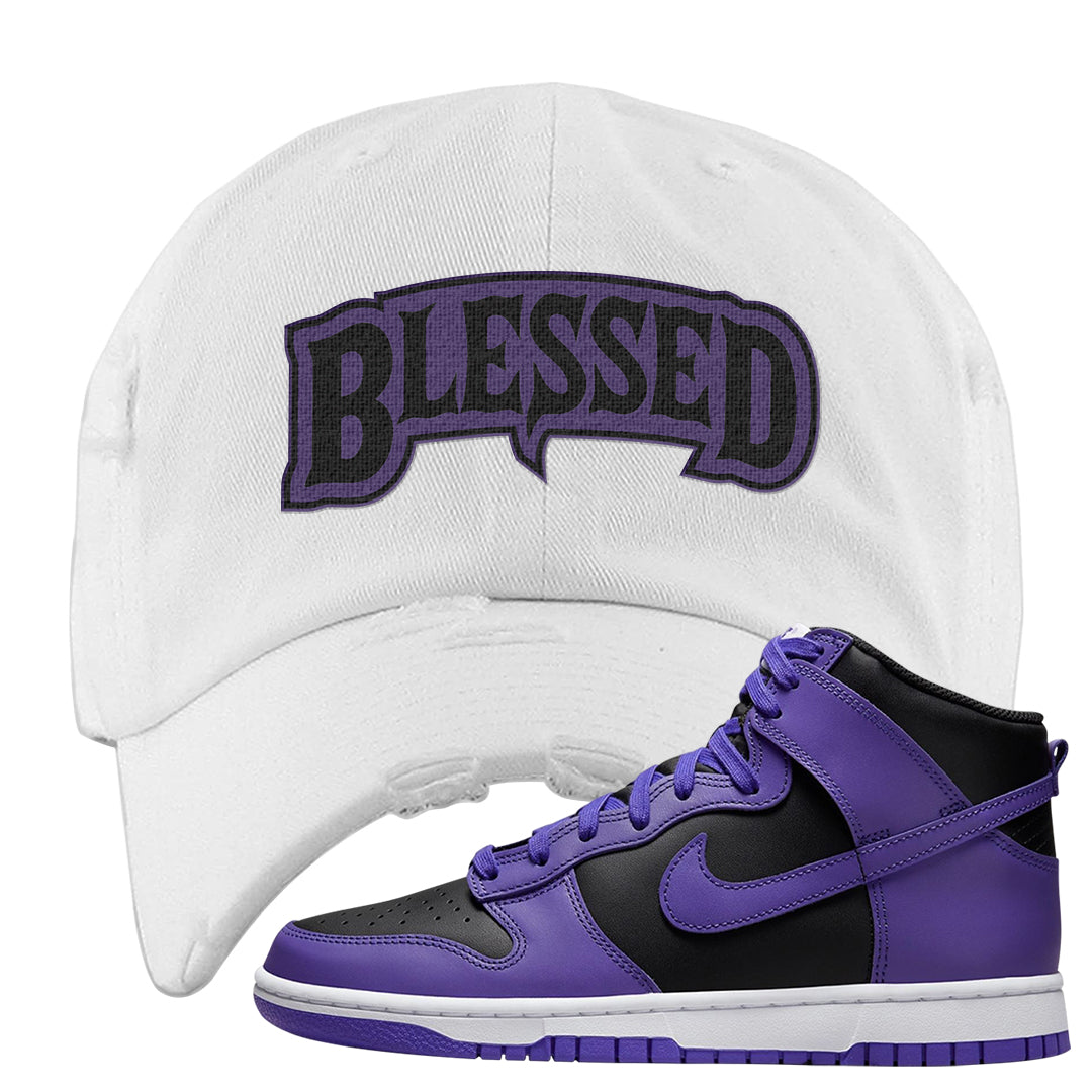 Psychic Purple High Dunks Distressed Dad Hat | Blessed Arch, White