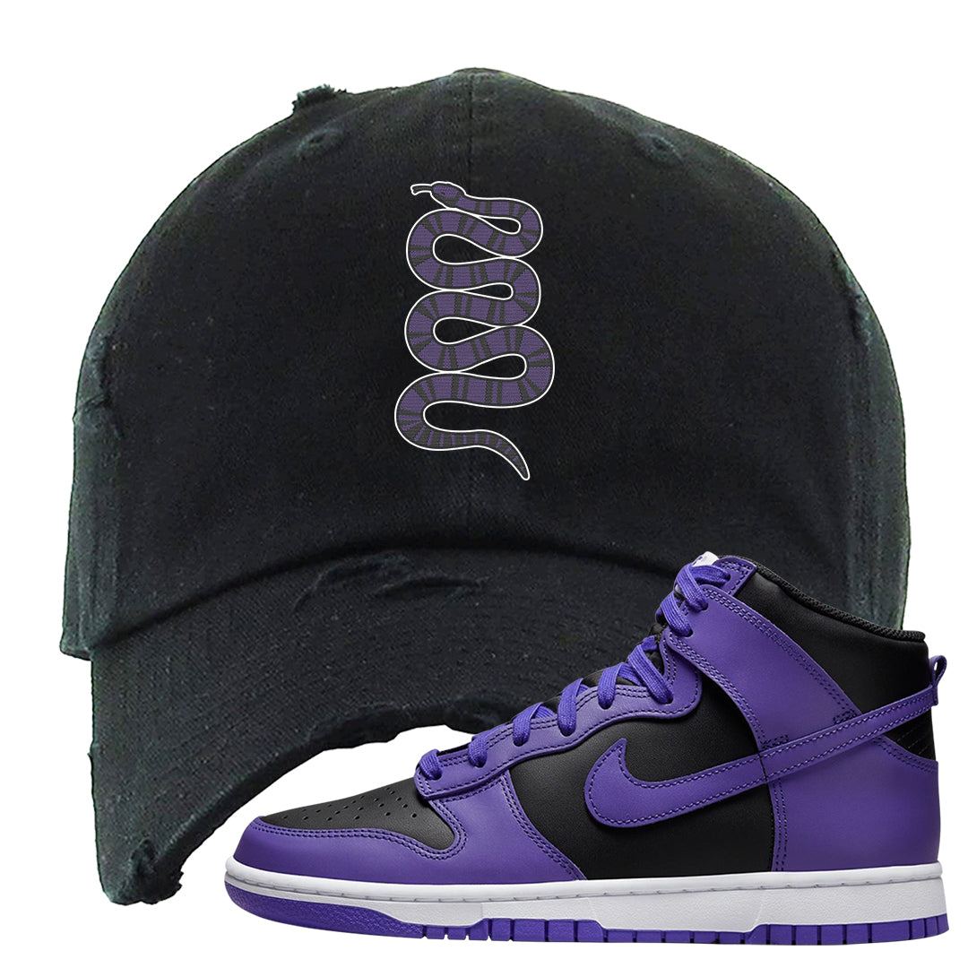 Psychic Purple High Dunks Distressed Dad Hat | Coiled Snake, Black
