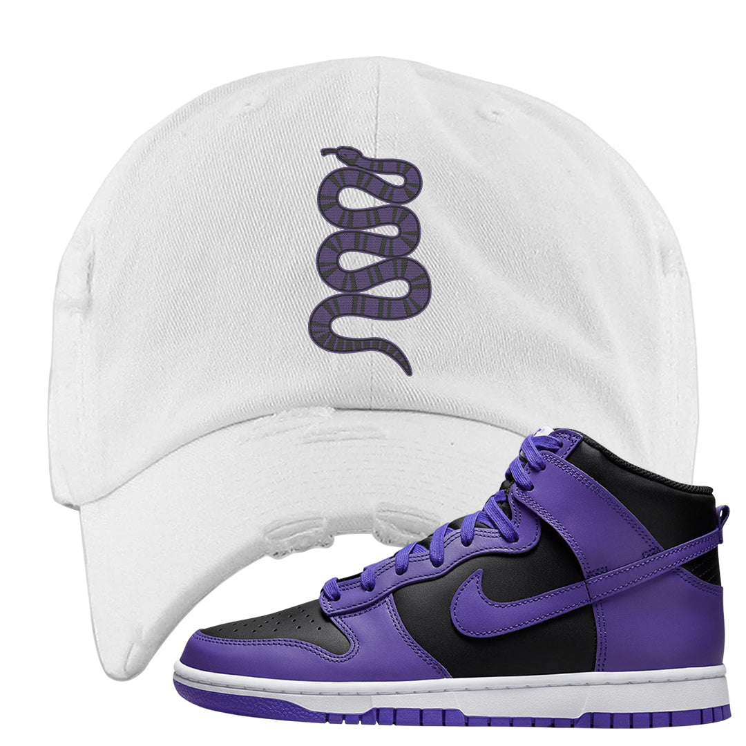 Psychic Purple High Dunks Distressed Dad Hat | Coiled Snake, White