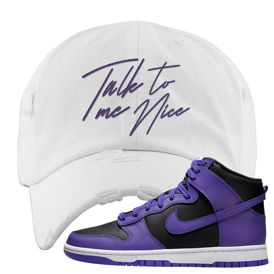 Psychic Purple High Dunks Distressed Dad Hat | Talk To Me Nice, White